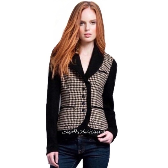 Tracy Reese tan & black houndstooth wool cardigan sweater blazer Shop@iAmWarrior - Picture 2 of 10